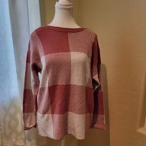 Babeau X-large CoralOff-White Checkered  Crewneck Sweater NWOT